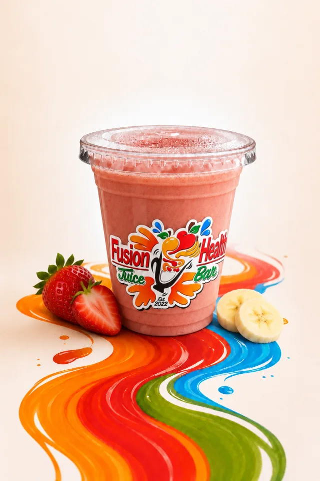 Representative strawberry banana kids’ smoothie in a Fusion Health cup
